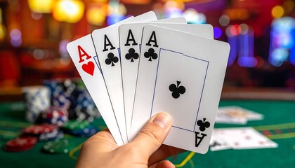 A hand displays a poker hand, four aces, held up by a person against a blurred casino background