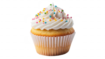 A beautifully frosted vanilla cupcake topped with colorful sprinkles. displayed against a clean white background. perfect for dessert photography or bakery promotional materials