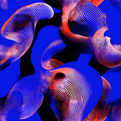 Wavy, curved shapes with blue and orange lines create an abstract, seamless visual. The fluid shapes are suspended against contrasting black and blue background