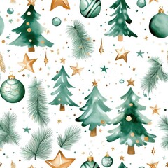 Seamless pattern of christmas trees and ornaments with gold stars and green pine branches