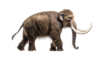 Obraz premium A realistic depiction of a woolly mammoth walking gracefully on a white background. its thick fur and long tusks. ideal for educational materials about prehistoric animals