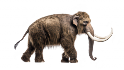 A realistic depiction of a woolly mammoth walking gracefully on a white background. its thick fur and long tusks. ideal for educational materials about prehistoric animals