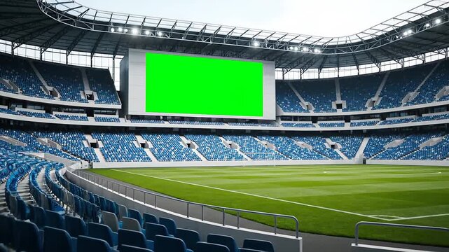Expansive stadium scene showcasing a large green screen display, with empty seating and vibrant blue seats, creating an engaging sports atmosphere
