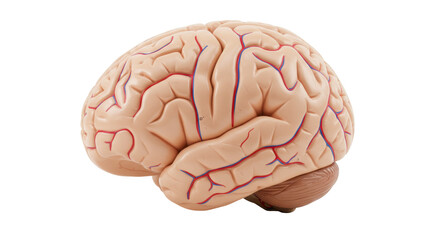 Anatomical model of a human brain isolated on transparent background, detailed medical teaching aid for educational purposes
