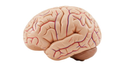 Anatomical model of a human brain isolated on transparent background, detailed medical teaching aid for educational purposes