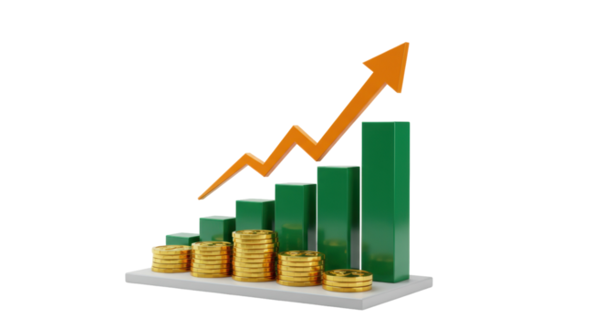 Financial growth chart with green bars and orange arrow isolated, business success concept in 3D rendering on transparent background