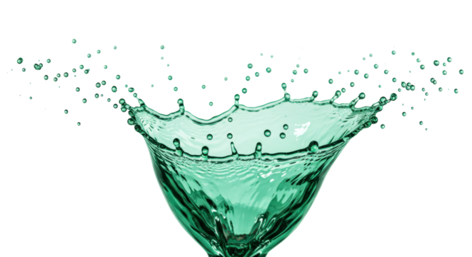 Green water splash PNG isolated on transparent background, liquid crown with droplets for design and product visualization