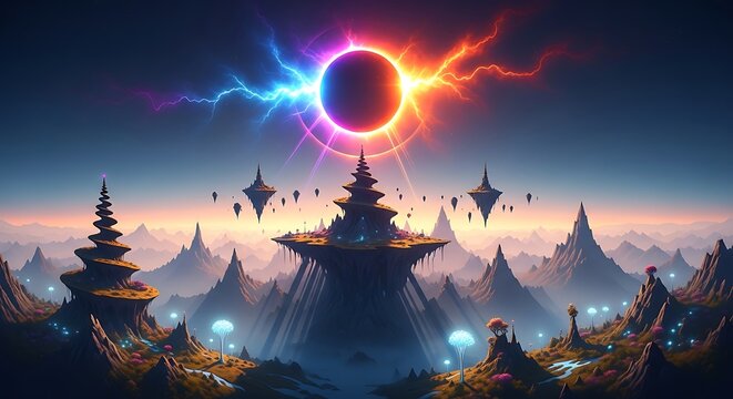 Cosmic Duality Eclipse Over a Surreal Landscape of Floating Spiral Islands