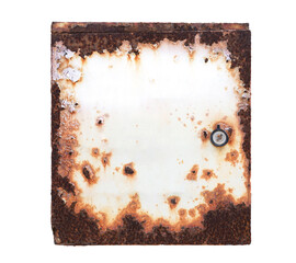 Rust stain on white metal electrical panel cover surface.Texture.Corrosive grunge rusted on old iron lid.The pattern of grunged rust on white wall background.Rusty corrosion and oxidized.