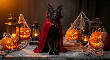 Black Cat in Vampire Costume for Halloween