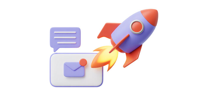 3D illustration of a rocket launching beside an envelope and chat bubble, symbolizing email marketing, fast communication, newsletter delivery, and digital messaging, transparent background