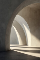 Abstract minimalist architecture featuring large curved arches in soft beige tones. Natural sunlight casts dramatic shadows on textured walls, emphasizing geometry. Generative AI.