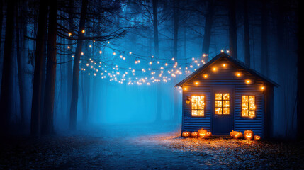 Small, blue cabin in misty forest is adorned with glowing string lights and carved pumpkins, creating spooky Halloween atmosphere