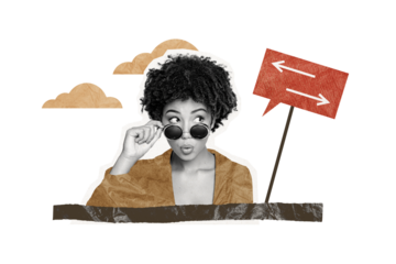 Creative picture collage young beautiful woman roadsign arrows wonder find way path direction arrows turn left right environment