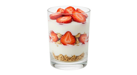 Strawberry parfait in glass isolated, layered dessert with yogurt, granola and fresh strawberries for healthy breakfast or snack