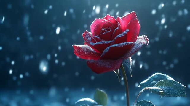 A vibrant red rose, frosted with a light dusting of snow, stands amidst a gentle snowfall