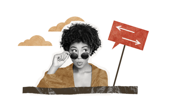 Creative picture collage young beautiful woman roadsign arrows wonder find way path direction arrows turn left right environment