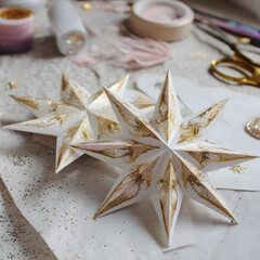Two handmade paper stars with gold paint and glitter sit on a white surface with various craft items, like scissors and tape, suggesting a craft activity
