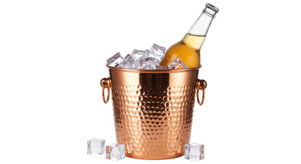 Beer bottle in copper ice bucket isolated, refreshing drink with ice cubes for summer party or celebration on a clean backdrop © Laura