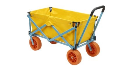 Yellow folding wagon isolated on white, collapsible utility cart for outdoor camping and gardening equipment transport