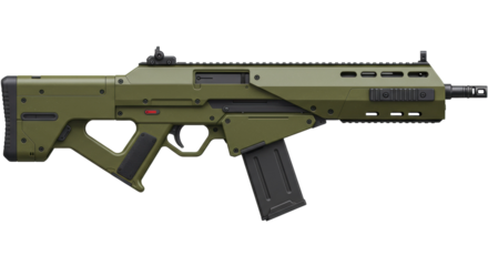 Olive green futuristic assault rifle isolated on transparent background, modern military weapon for gaming and design use PNG