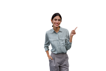 Confident young businesswoman pointing finger right, smiling, presenting new ideas, transparent background