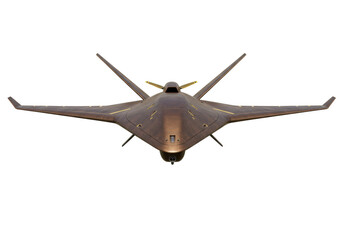 Futuristic bronze drone isolated on transparent background, unmanned aerial vehicle for military and surveillance purposes PNG
