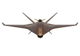 Futuristic bronze drone isolated on transparent background, unmanned aerial vehicle for military and surveillance purposes PNG