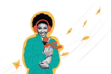 Composite photo collage of happy american girl hold puppy animal autumn walk windy weather leaves season isolated on painted background
