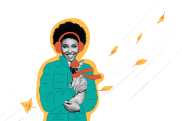 Composite photo collage of happy american girl hold puppy animal autumn walk windy weather leaves season isolated on painted background