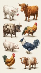 Farm animals displayed in a vintage style illustration showcasing various species on a light background