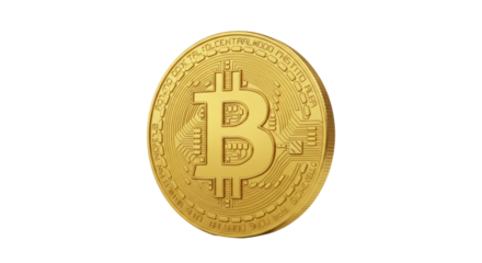 Golden Bitcoin coin isolated on transparent background, cryptocurrency digital money for investment and finance