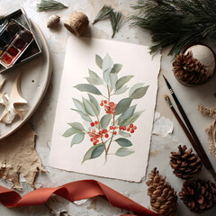 An artist's table setting shows a painted berry branch with pine cones, paints, and brushes. A reddish ribbon is included in this festive still life
