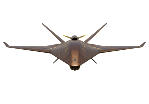 Futuristic bronze drone isolated on transparent background, unmanned aerial vehicle for military and surveillance purposes PNG