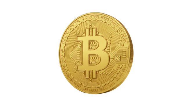 Golden Bitcoin coin isolated on transparent background, cryptocurrency digital money for investment and finance