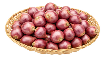 Pile of red onions in a wicker basket isolated on transparent background, fresh shallots for cooking and healthy eating