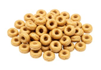 Pile of golden Cheerios breakfast cereal isolated on transparent background, healthy whole grain oat rings for kids and adults