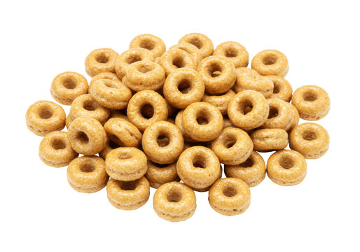 Pile of golden Cheerios breakfast cereal isolated on transparent background, healthy whole grain oat rings for kids and adults