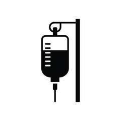 Black and white icon of an intravenous drip bag on a stand
