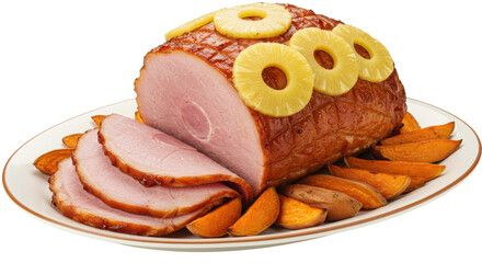 Glazed ham with pineapple rings and sweet potato wedges isolated on a plate, festive holiday dinner for Christmas or Thanksgiving