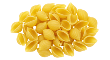 Conchiglie pasta isolated on transparent background, dry uncooked Italian pasta shells for culinary and food preparation