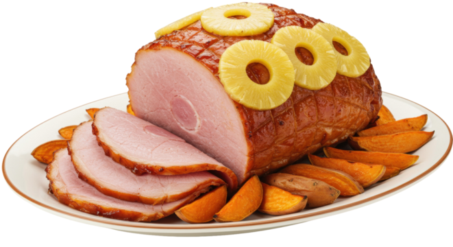 Glazed ham with pineapple rings and sweet potato wedges isolated on a plate, festive holiday dinner for Christmas or Thanksgiving