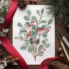 A watercolor painting of leafy branches with red berries is displayed on a wooden surface. It is surrounded by festive elements such as pinecones and a red ribbon