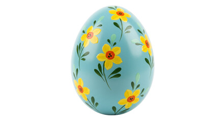Hand-painted Easter egg isolated, light blue with yellow flowers, spring holiday decoration, festive, no background, decorative, traditional, floral design