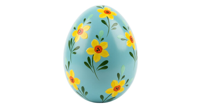 Hand-painted Easter egg isolated, light blue with yellow flowers, spring holiday decoration, festive, no background, decorative, traditional, floral design