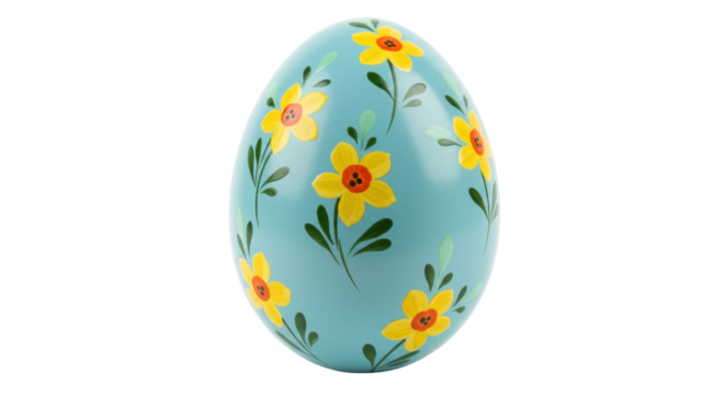 Hand-painted Easter egg isolated, light blue with yellow flowers, spring holiday decoration, festive, no background, decorative, traditional, floral design