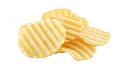 A close-up view of crispy. ridged potato chips stacked artfully on a white background. their texture and color. ideal for food-related advertisements or culinary blogs