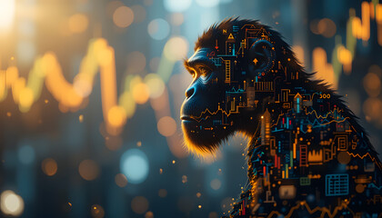 Ape with digital circuit design overlay contemplates stock market trends for innovative finance technology concepts
