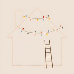 A house is outlined on a beige background with colorful Christmas lights decorating the roof. A brown ladder is placed near the house, appearing as though someone is decorating