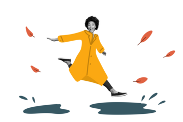 Composite photo collage of happy american girl run puddle smash water leaves autumn walk park season isolated on painted background